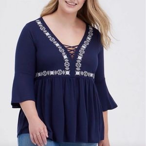 Torrid Lace Up Baby Doll Top - Navy Size 00X - NWT